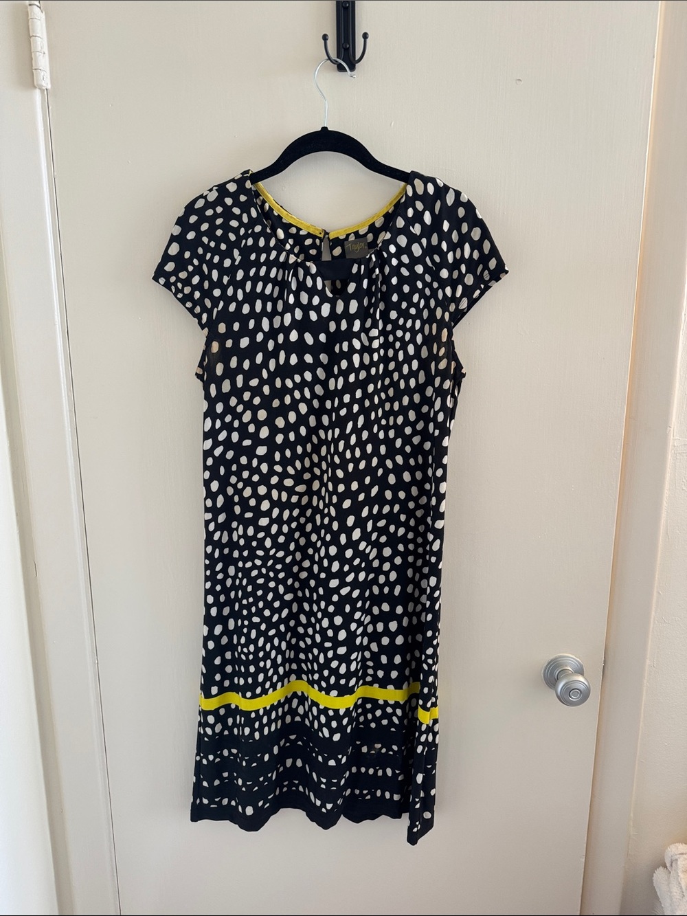 Taylor Black and White Polka Dot Shift Dress with Yellow Trim